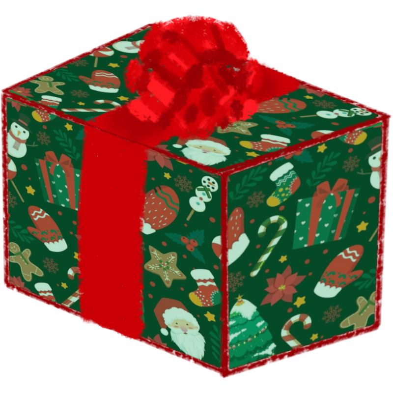 a Christmas gift box with a red ribbon and bow, The box is wrapped in green paper with a festive pattern of Christmas trees, snowmen, candy canes, and stars.